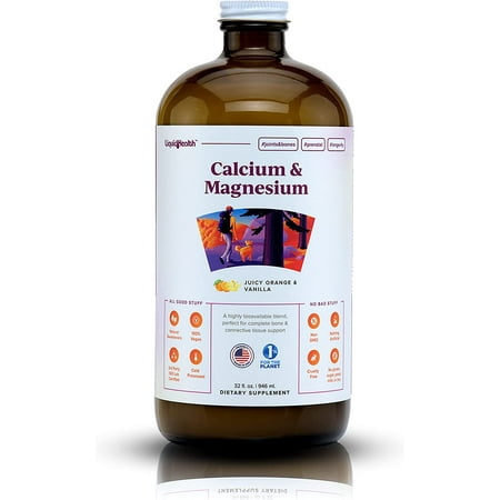 Liquid Health Calcium & Magnesium, Vitamin D3, Liquid Supplement Joint and Bones Tissue Support, Citrate Vegetarian Natural Non GMO - 32 Fl oz.