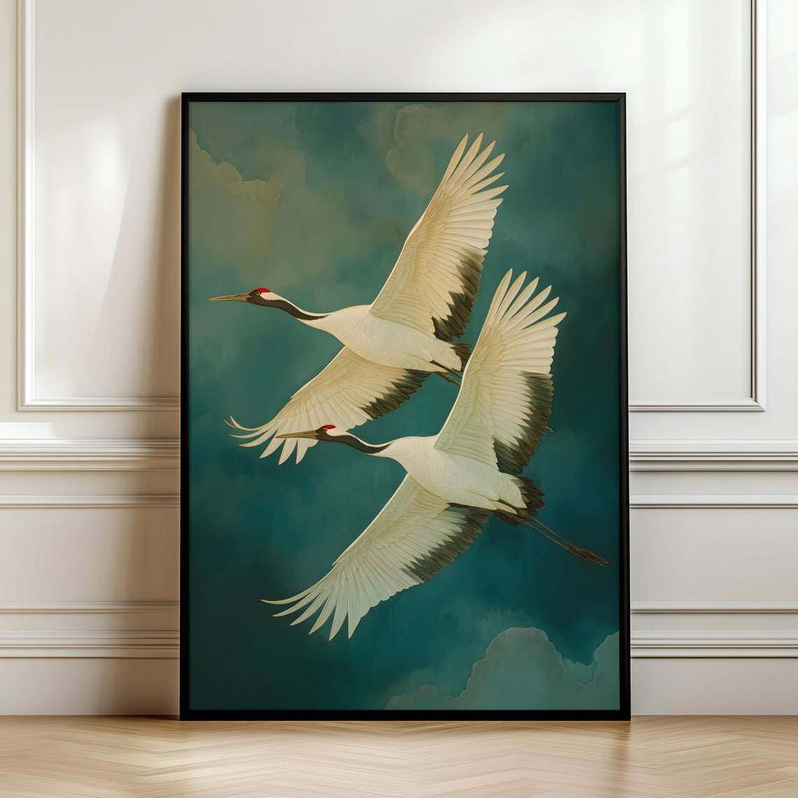 Flying Japanese Cranes Teal Sky Zen Japandi Decor Wall Art