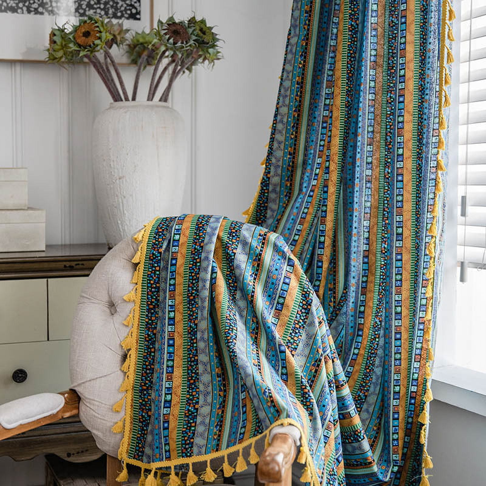 Zhuge Home Curtains for Bedroom Living Room,Semi-Blackout Country Cotton and linen Vintage Chic Tassels Hollow Window Treatment Rod Pocket Drape（2 Panel，94.5*59in,A65）