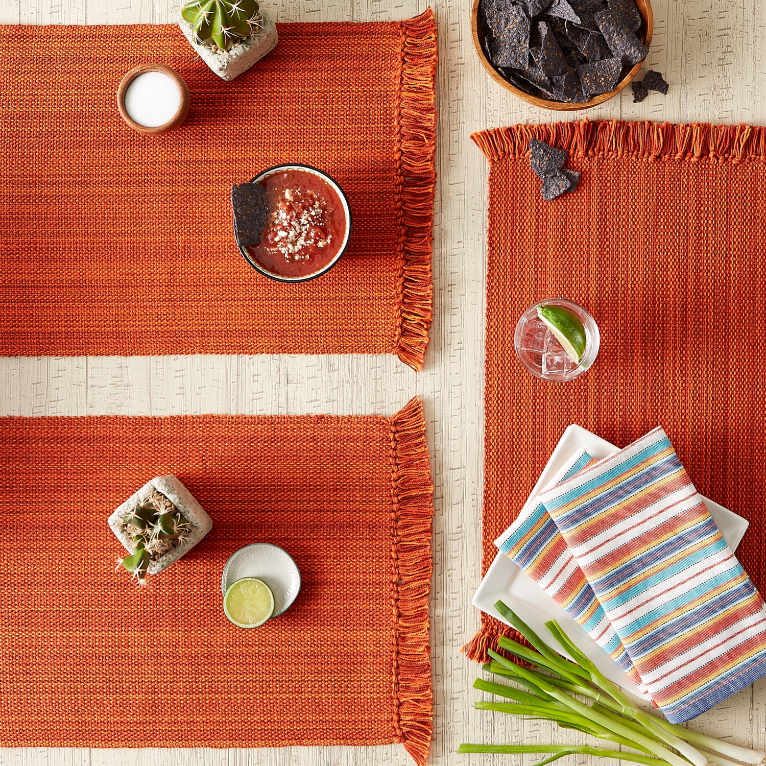 Contemporary Home Living Knotted Fringe Rectangular Woven Cotton Placemats - 19" - Burnt Orange -
