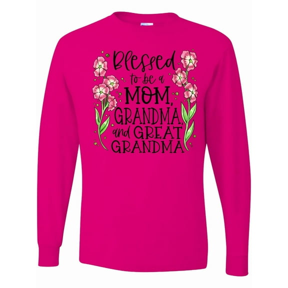 Inktastic Blessed to Be a Mom, Grandma, and Great Grandma Pink Flowers Long Sleeve T-Shirt