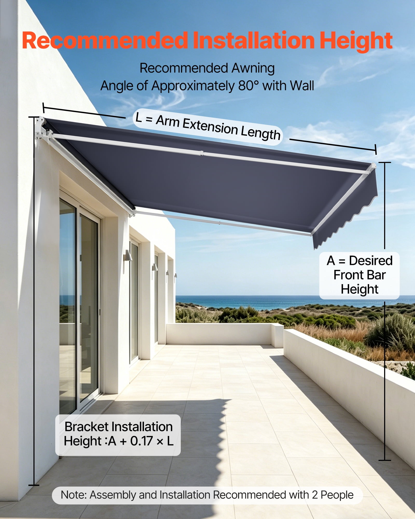 VEVOR Electric Retractable Awning, 14.1' x 9.8' Motorized Patio Awning, Sunshade Shelter with Remote Controller & Manual Crank Handle, Waterproof Polyester Fabric for Outdoor Deck, Balcony, Yard,Gray