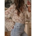 thumbnail image 6 of Womens Hollow Lace Shirt with Flower Pattern V-Neck Long Sleeved Cardigan Top Cream White M, 6 of 9