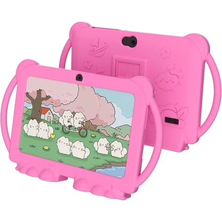 7 Inch Kids Tablet, Android Toddler Tablet for Kids, 4GB RAM+32GB ROM, Quad-core Processor, Parental Control, 1024x600 HD Screen, 3000mAh Battery, 8MP Camera Tablets PC with Silicone Case, Pink