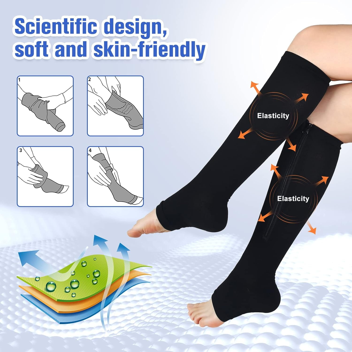 2 Pairs Sunm Boutique Zipper Compression Socks for Women & Men, 15-20 mmHg Open Toe Compression Stocking with Zipper (Black+Beige)