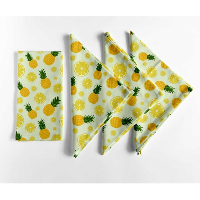 Vargottam Pineapple Lemon Print Cotton Napkins Set of 12, 20x20 Inches, Light Yellow Background with Vibrant Pineapple and Lemon Print, Perfect for Dining, Fruit-Themed Table Decor Machine Washable