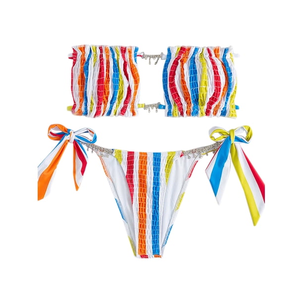 VISgogo - Conjunto de bikini de dos piezas para mujer, sin tirantes, sin mangas, con estampado de rayas y calzoncillos con cordones VISgogo moda