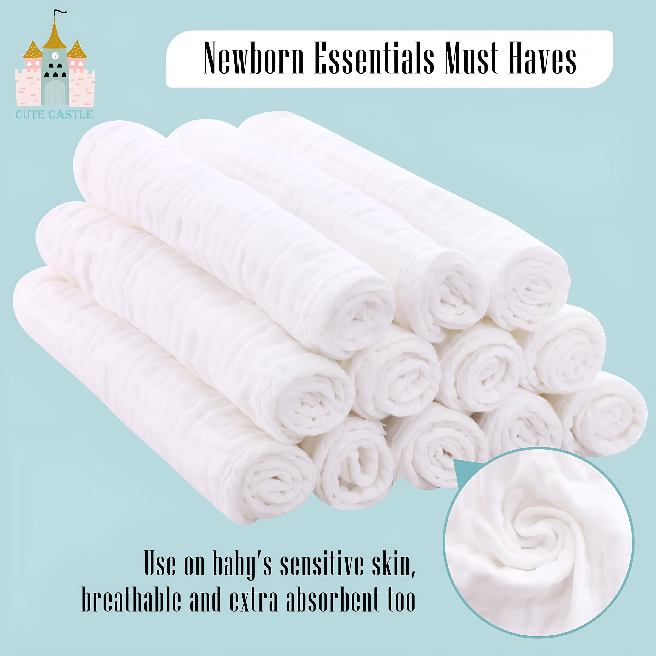 AUQ 2026 New 12 Pack Muslin Burp Cloths for Baby-Ultra-Soft 100% Cotton Baby Washcloths-Large 20'' By 10'' Super Absorbent Milk Spit Up Rags-Burpy Cloths for Unisex,Boy,Girl-White