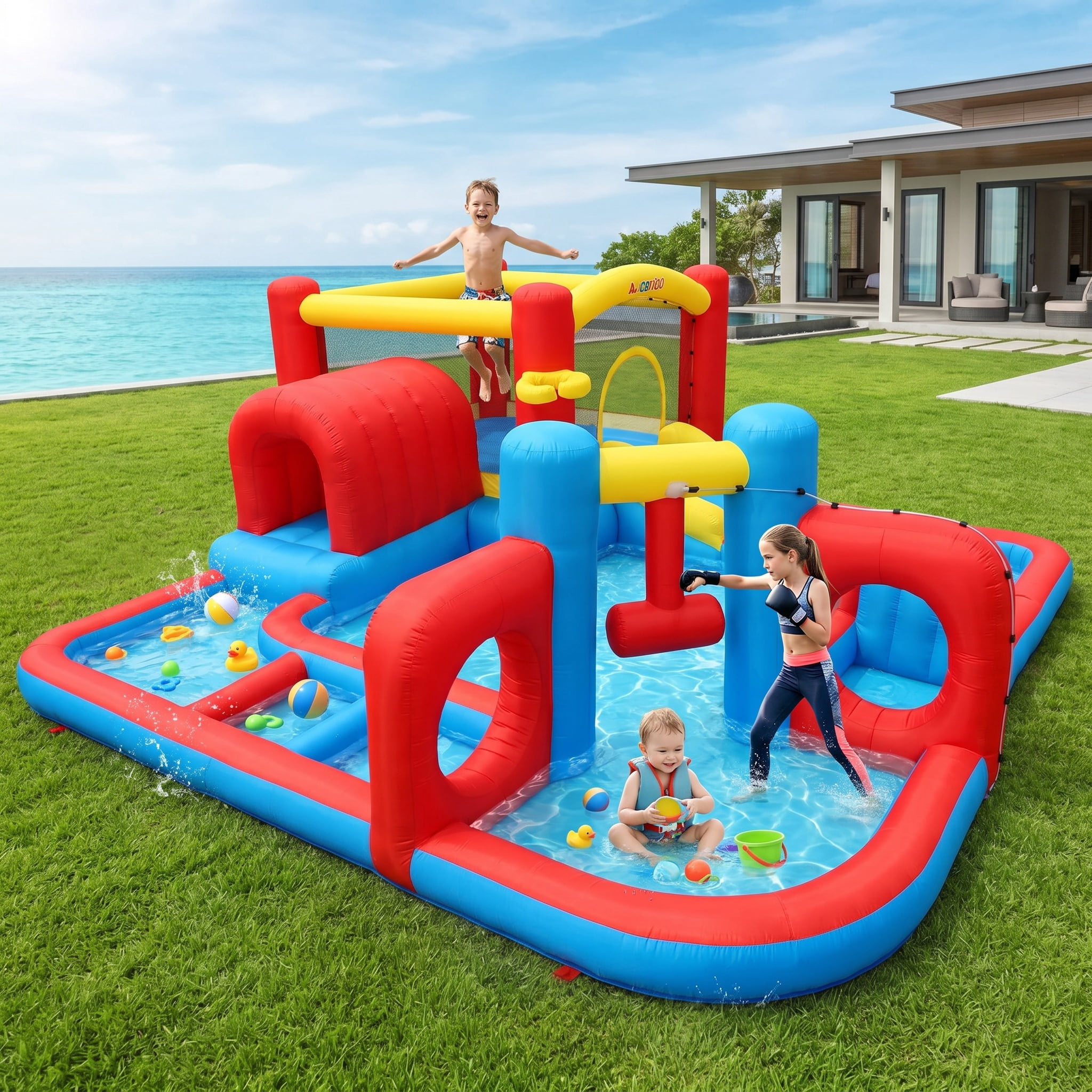 Inflatable Water Slide, Kids Bounce House Castle Splash Pool for 3-8, Backyard Bouncy Castle with 520W Blower,Basketball Hoop,Jumping Area, Obstacle and Tunnel