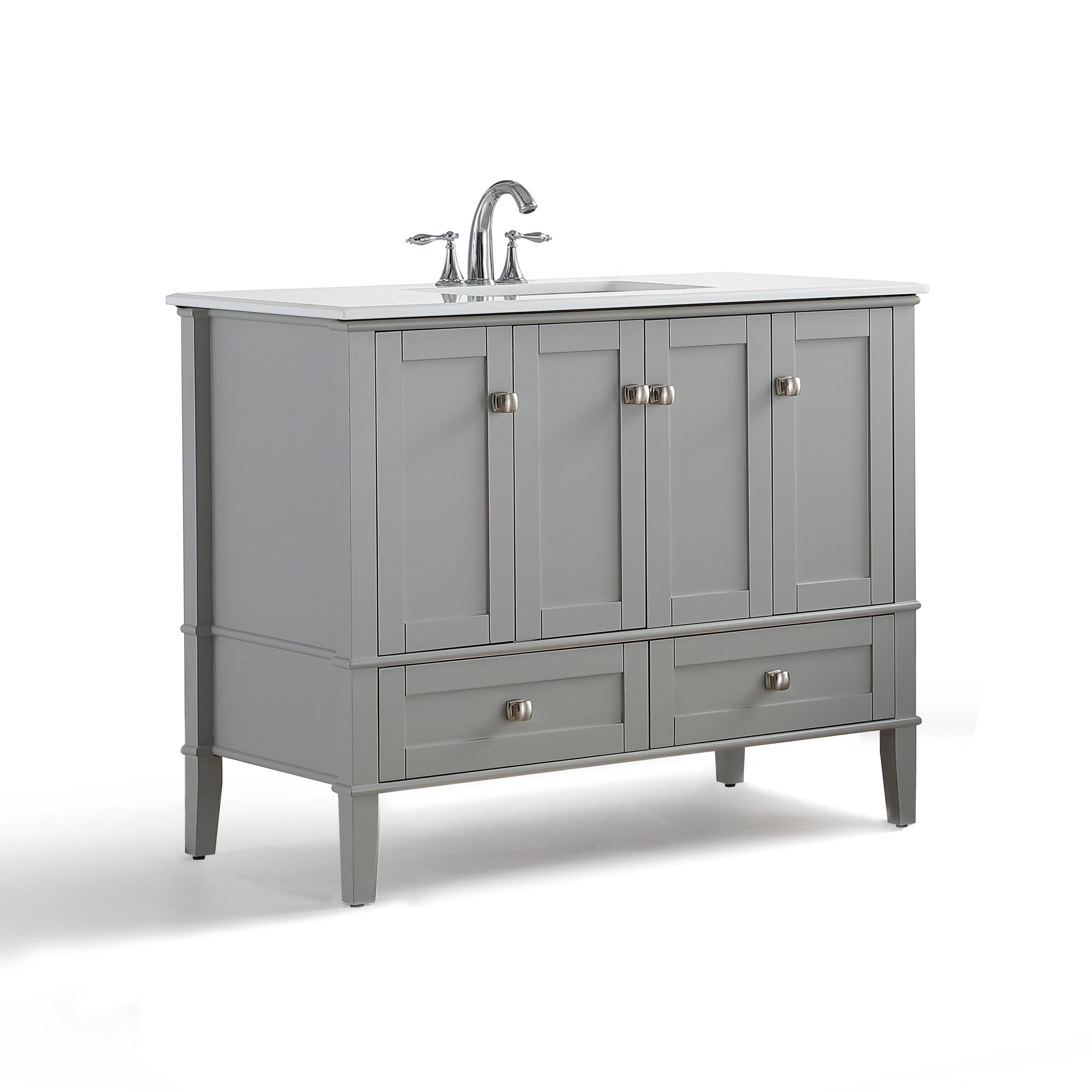 Simpli Home Chelsea 42 inch Contemporary Bath Vanity in Smoke Grey with White Engineered Quartz