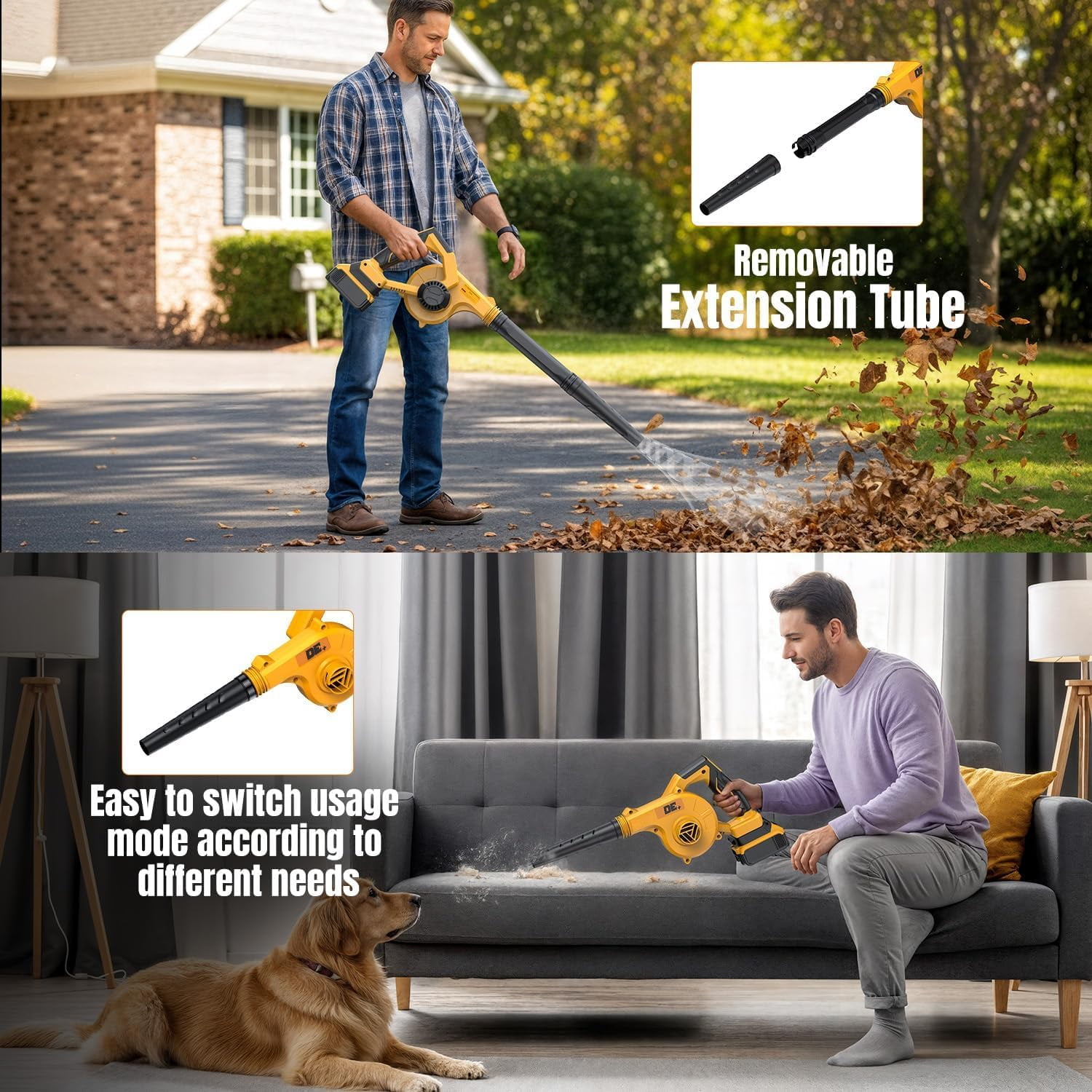 Cordless Leaf Blower for Dewalt 20V Battery, 2-in-1 , 3 Speeds up to 150 MPH, Lightweight, Extended Tube, for Lawn, Patio, Garage, Blower/Vacuum/Inflator/Deflator (No Battery)