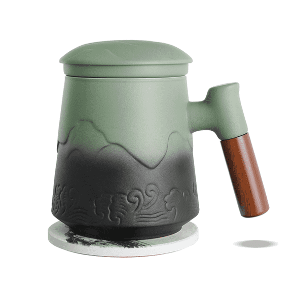 ZENS Tea Cup with Infuser and Lid, 13.5oz Rosewood Handle Embossed Ceramic Tea Mug for Loose Leaf Tea Gifts,Light Green