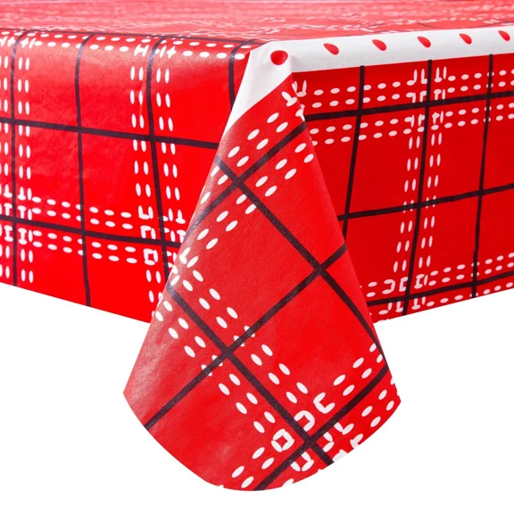 Ray Star Festive Red Plaid Christmas Elements Polyester Tablecloth 60''X84''