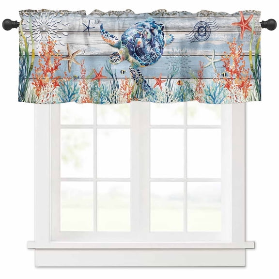 Sea Turtle Coastal Valances for Windows Farmhouse Kitchen Curtains Valances Rod Pocket Valance Curtains for Kitchen Windows Summer Beach Coral Starfish Wooden Window Valances for Bathroom 60"x18"