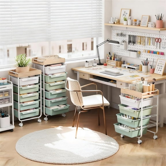 Rolling Craft Storage Cart with 4 Drawers,Utility Cart with Drawers,Art Craft Organizers and Storage, Art Cart With DIY Lable and Wooden Tabletop Area,Green
