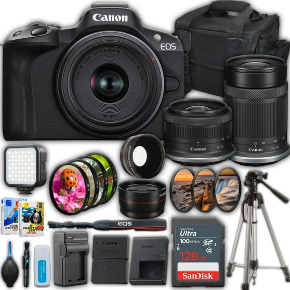 Canon EOS R50 Mirrorless Camera with 18-45mm and 55-210mm Lenses Kit   SanDisk 128 GB Memory Card   Camera Case   Spider Tripod   More (International Version)