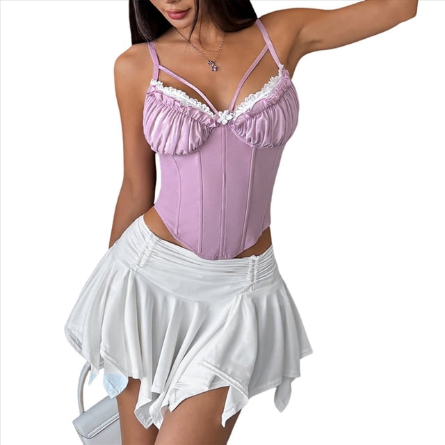 Corsé con Cuello en V, Tirantes Ajustables y Ribete de Encaje con Volantes para Mujer Top Corto Moldeador Rosa y L