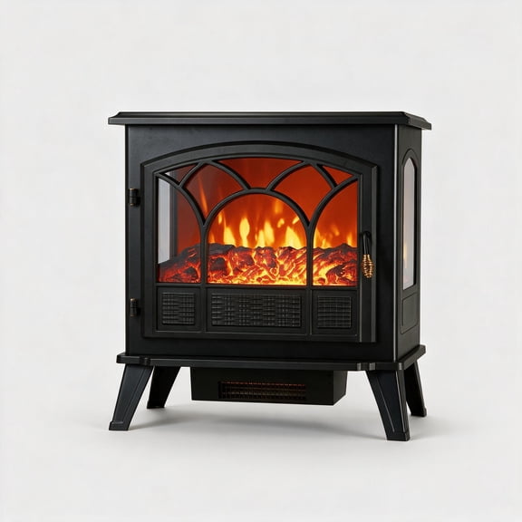 TENSAKEE Three-Sided Electric Fireplace Heater, Freestanding 750W/1,500W Heater, Thermostat, Realistic Flame, Black