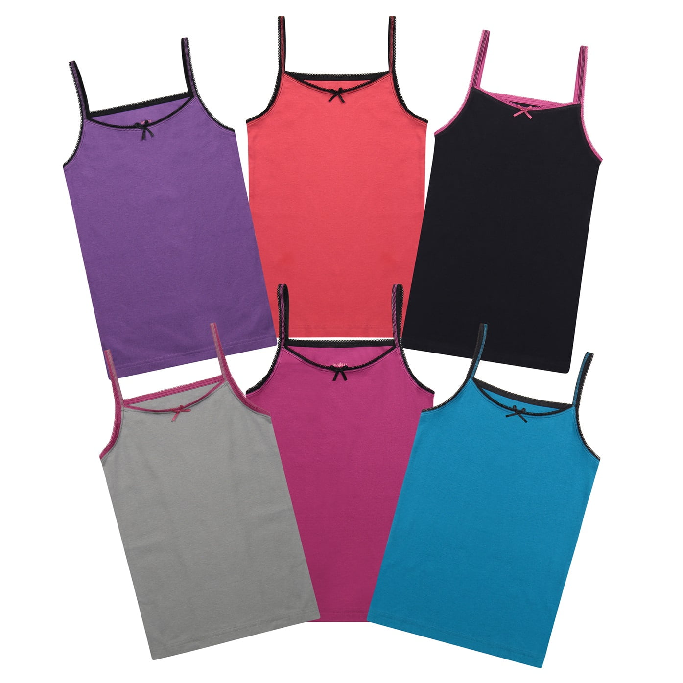 Buyless Fashion Girls Tagless Cami Scoop Neck Undershirts Cotton Tank Tops with Trim and Strap 6 Pack