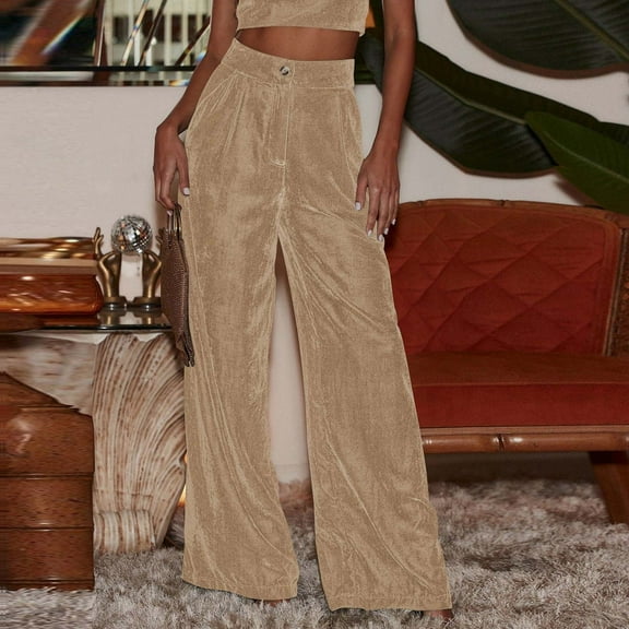 SNKSDGM Women's Plus Capri Pants for Women Stretch High Waist Womens Dress Pants Petite Women's Solid Color Autumn and Winter Suede Button Straight Leg Wide Leg Temperament Commuting Casual Pants