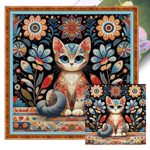Hilo Algodón Ecológico Bordado Punto Cruz Con Gato 11CT 40x40cm