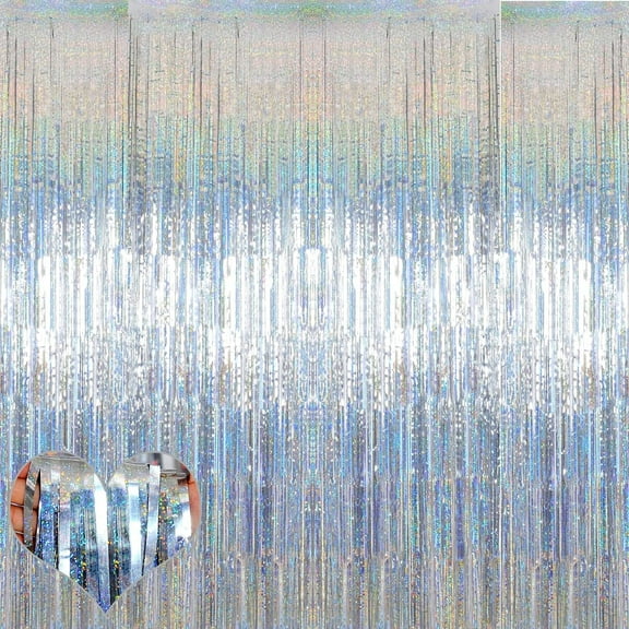 4 Pack Foil Curtain Backdrop, Lefiocky Metallic Tinsel Foil Fringe Curtains, Trinkle Silver