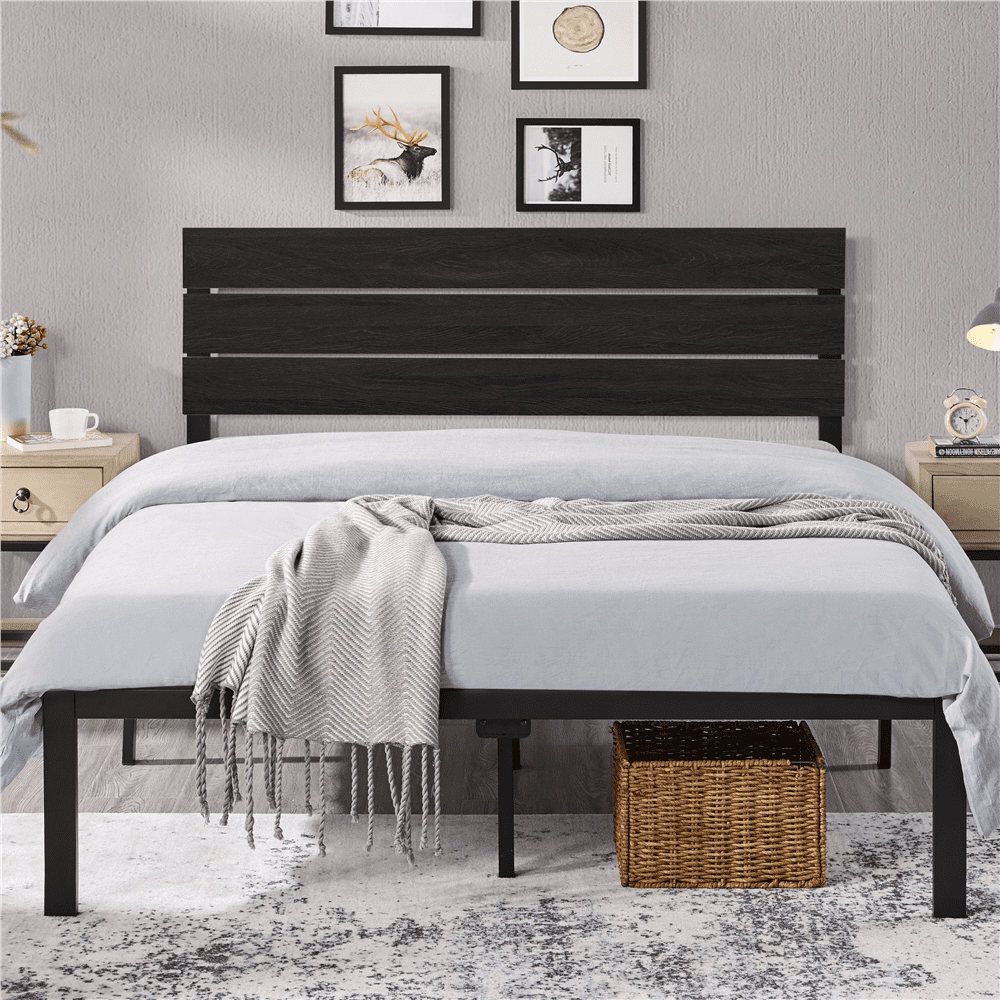 Easyfashion Metal Bed Frame with Wooden Headboard, Black Oak, Queen