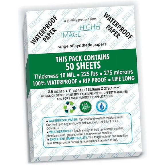 WATERPROOF PAPER | 50 SHEETS, THICKNESS 10 MIL LB, 225 LB, 275 MICRONS SYNTHETIC PAPER, 8.5X11 | PRINT WITH LASER PRINTERS | OFFICE PRINTERS from HIGHH IMAGE