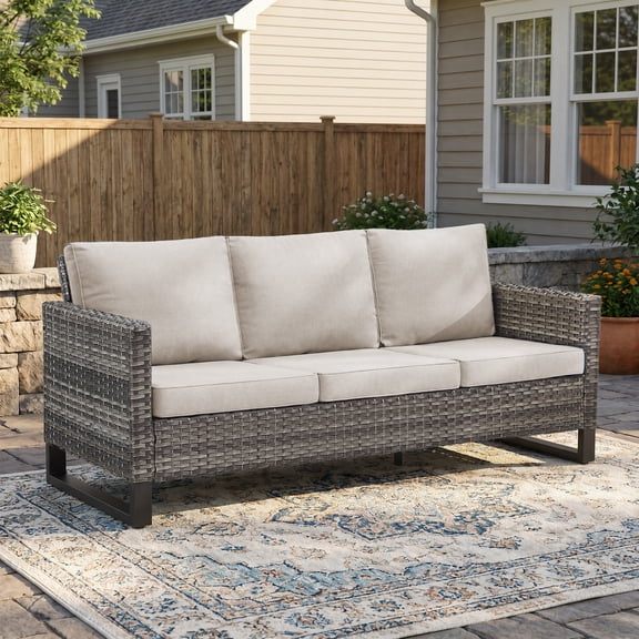 Giantfurnni Outdoor Patio 3-Seat Sofa,All-Weather WIcker Patio Couch with Square Armrest,Outdoor Conversation Sofa for Deck Porch Garden Backyard