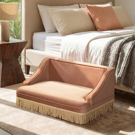 XIZE Duchess 33 Medium Princess Pet Bed Sofa with Fringe Skirt Peach Orange Performance Velvet