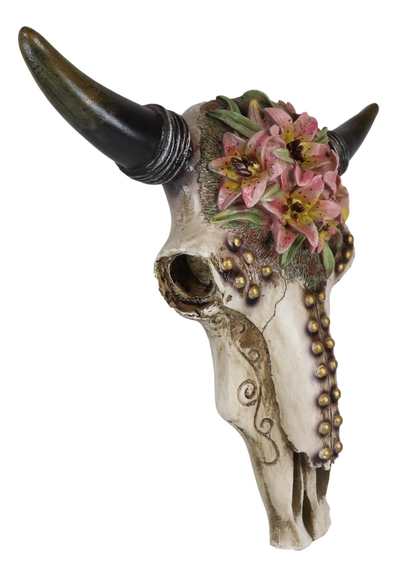 Bull Cow Skull with Floral Lilies & Golden Nailheads Wall Decor Plaque EBR02 