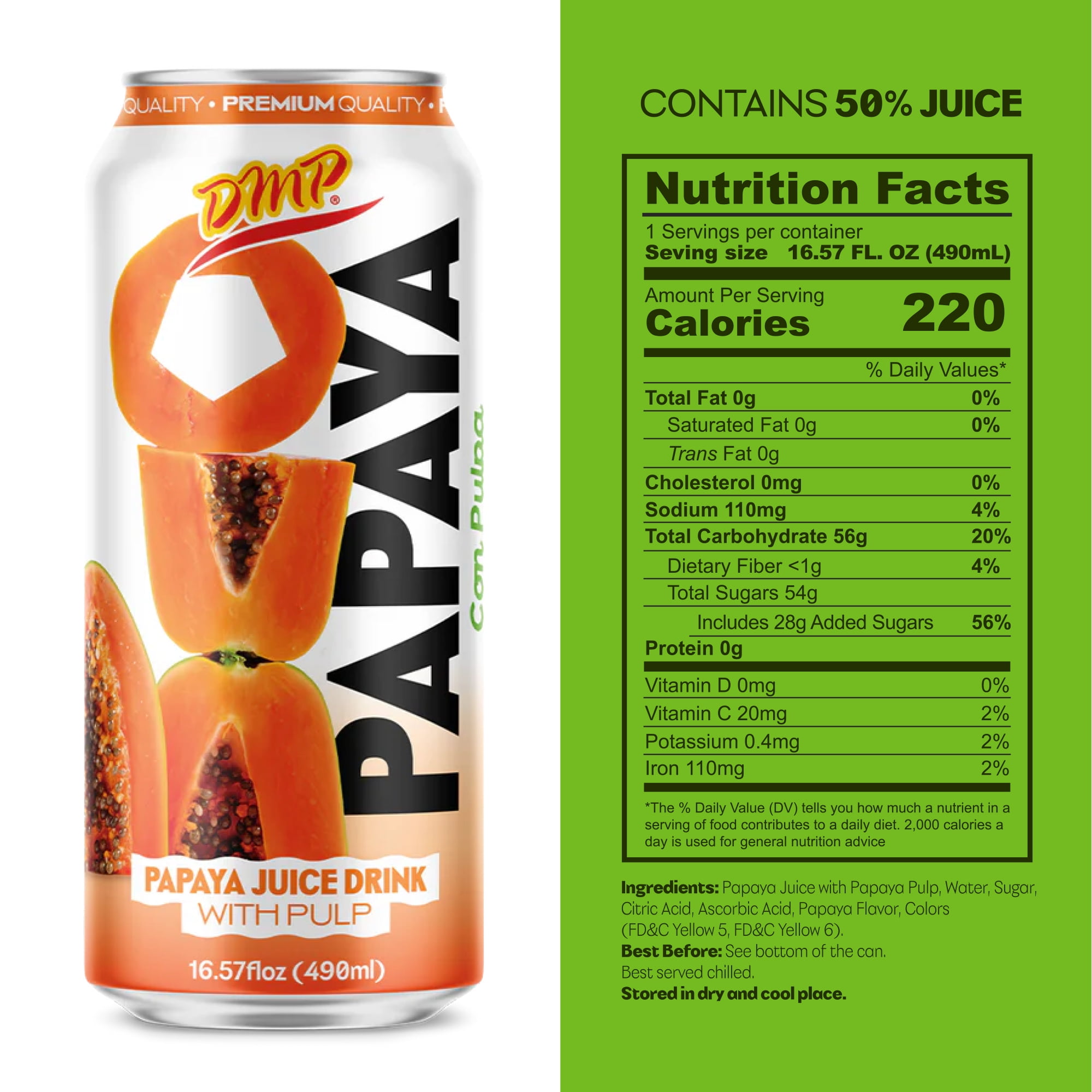 De Mi Pais Papaya Juice with Pulp & Fruit Chunks,Canned Juice 16.57 Fl Oz, 12-Pack