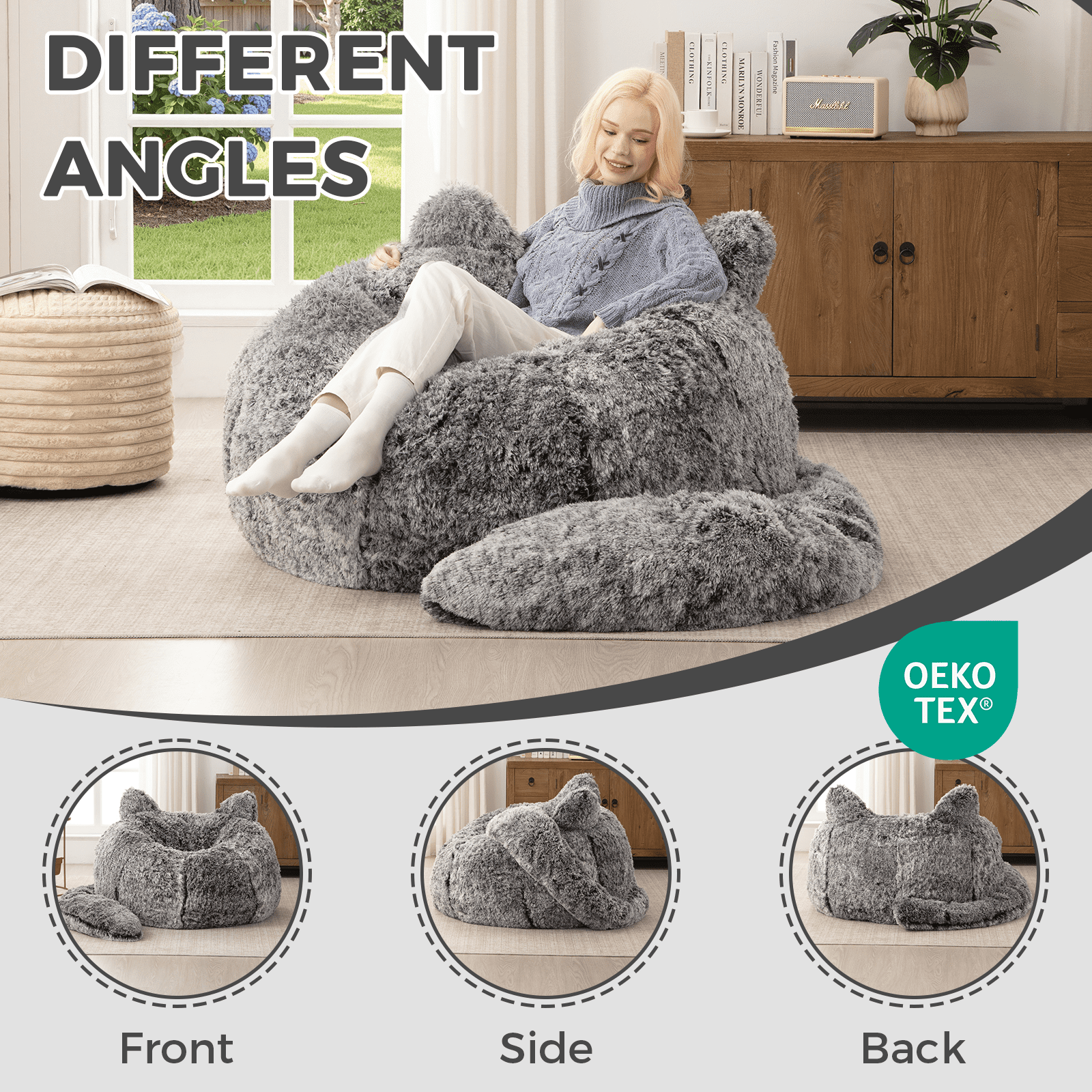 Ebenchico 3.6ft Cat Shaped Bean Bag Chair for Adults Teens Kids, Giant Faux Fur Plush Beanbag Chairs with Filler, Black