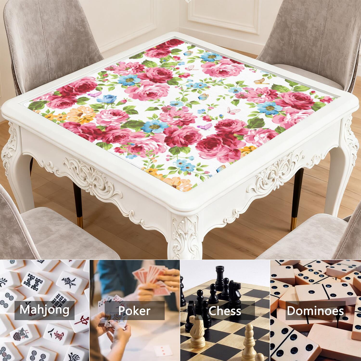 Large Square Floral Anti-Slip Game Table Pad 31.5x31.5 Inch Rubber Mahjong Playing Mat with Quiet Design for Card Games & Board Game Activities