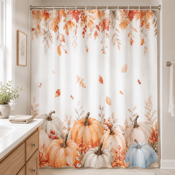 SEISSO Fall Pumpkins Shower Curtain Green Orange Pumpkins Maple Leaves Shower Curtain Set Water Repellent Shower Curtain for Bathroom 72" W x 72" L