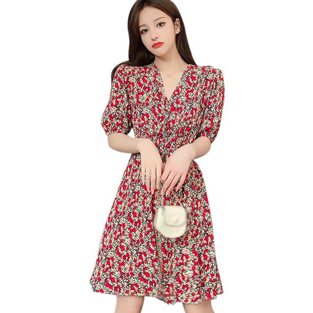 Wuffmeow Summer Ladies Floral V Neck Fashion Temperament Waist Short Sleeved Dress Floral Print Fashion And Elegant A Line Puff Sleeve Dress Beach Casual Party Dress Walmart Com