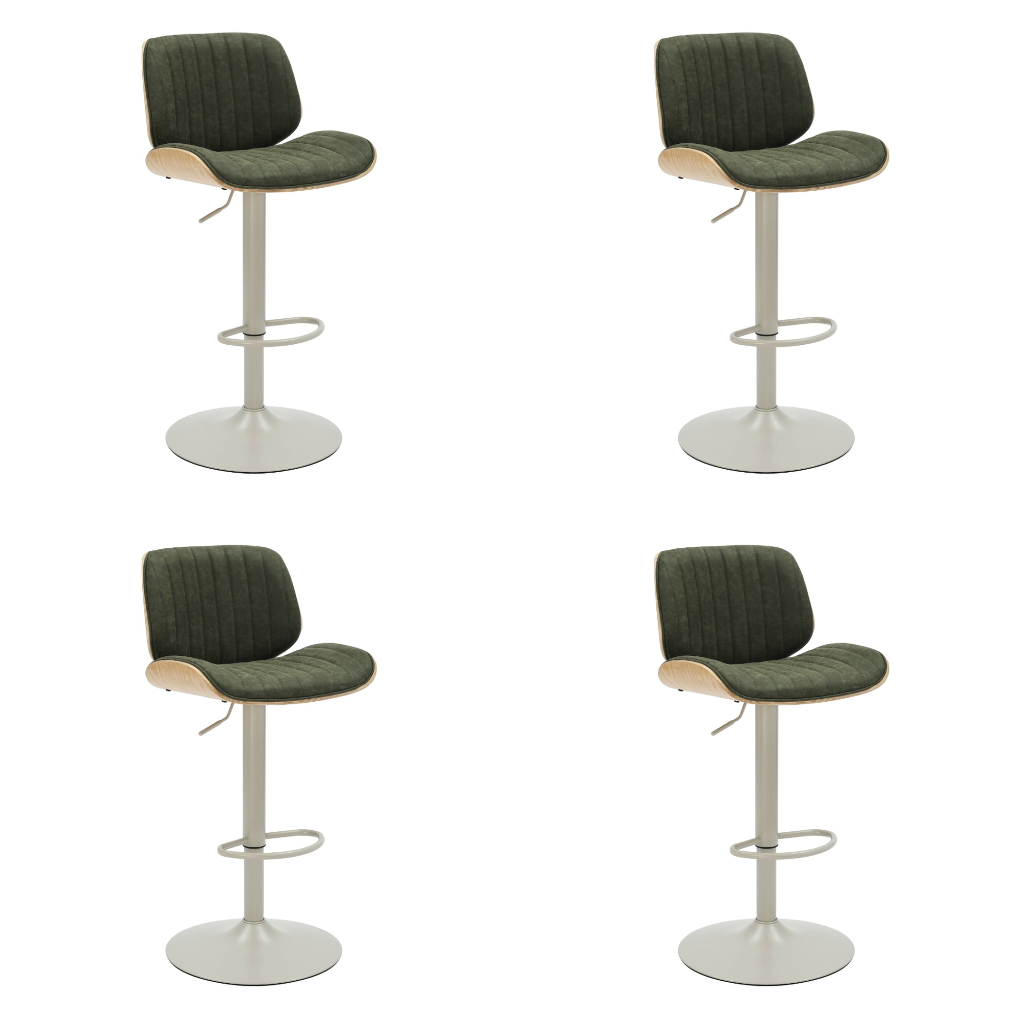 Brock Adjustable Swivel Vintage Green Curved Back Wood Bar Stool with Faux Leather Seat Set of 4