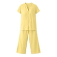 thumbnail image 4 of Women’s 2 Piece Outfit Set Button Short Sleeve Shirt and Drawstring Waist Cropped Wide Leg Capri Pants with Pockets, Light Weight for Daily‑Wear, Vacation and Shopping S-5XL Yellow, 4 of 6