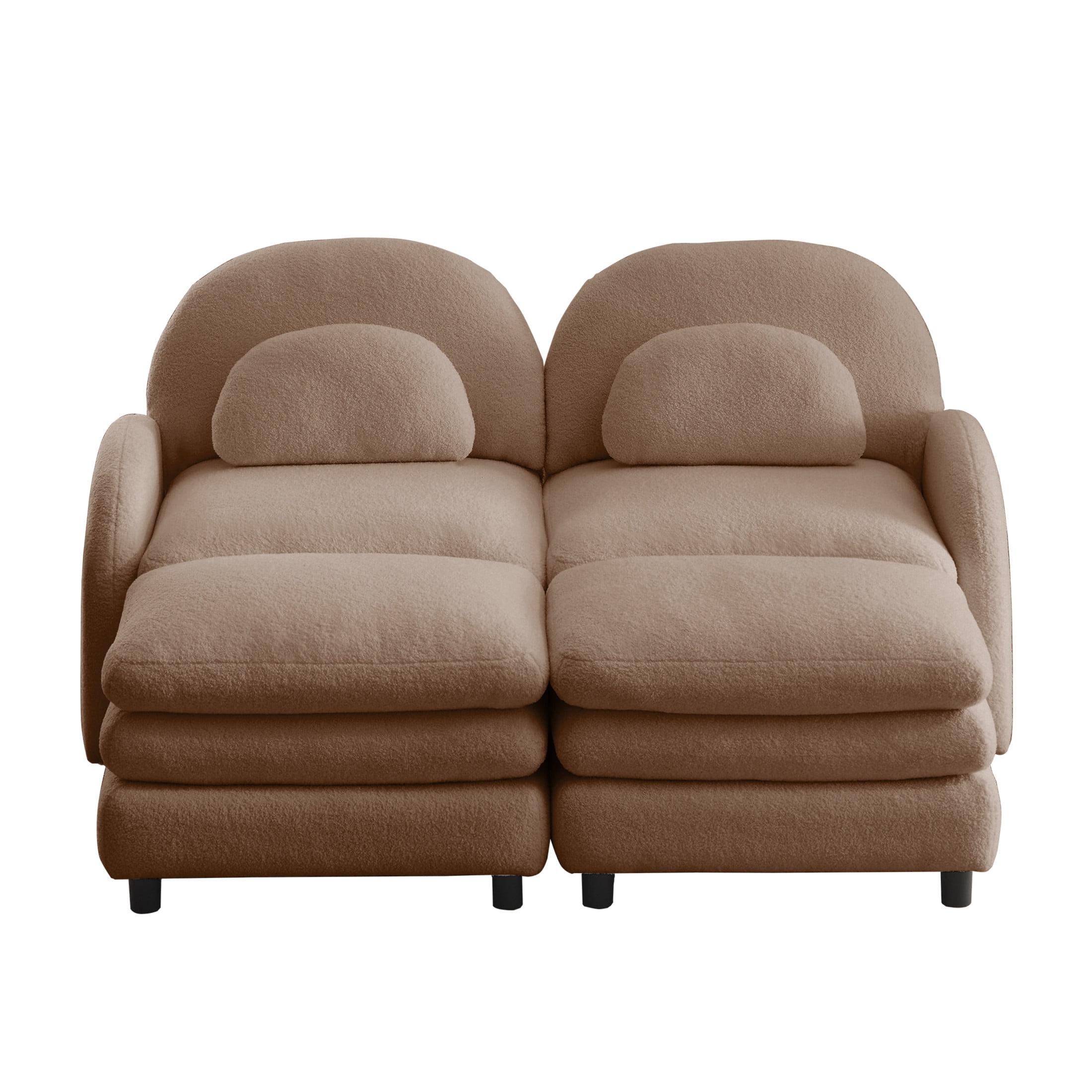 Noble House Windsor Teddy Fabric 2-Seater Sectional Sofa, Modular Cloud Couch with 2 Ottomans and Lumbar Pillows, Camel