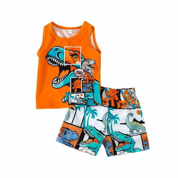 RUTAYY Children Boys Outfits Sets Cartoon Dinosaur Design Sleeveless Top Full Print Dinosaur Shorts Sports Suit Bohemian Style, Orange, 8-9 Years