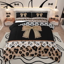 jejeloiu Cute Cartoon Bowtie Bedding Comforter Set,Kawaii Leopard Print Twin Comforter Sets,Brown Black White Bedding Set For Teens,Super Cozy Room Decor Reversible,2-Piece