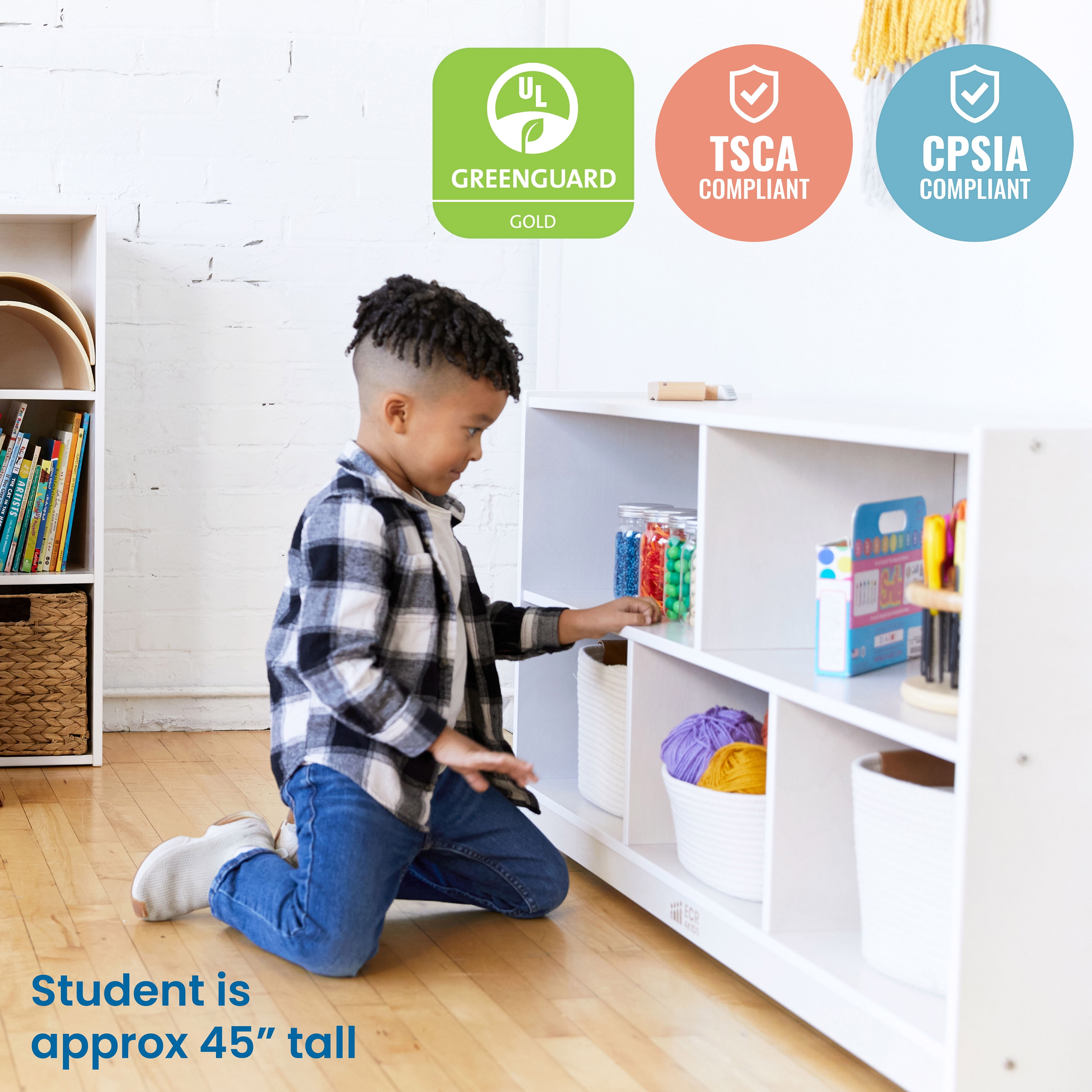ECR4Kids 5-Compartment Mobile Storage Cabinet, Toddler, Classroom Furniture, White Wash