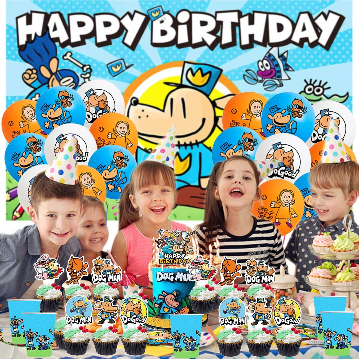 Dog Man Birthday Party Supplies for Boy Latex Balloons Kit Decorations Set Decor Banner Backdrop