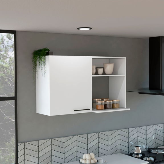Napoles 2 Wall Cabinet White Manufactured Wood Kitchen Wall Storage Cabinet with Single Door and Two Open Shelves, Easy-to-Assemble, Space-Saving Organizer for Small Kitchens, 39.37" W x 23.62" H x