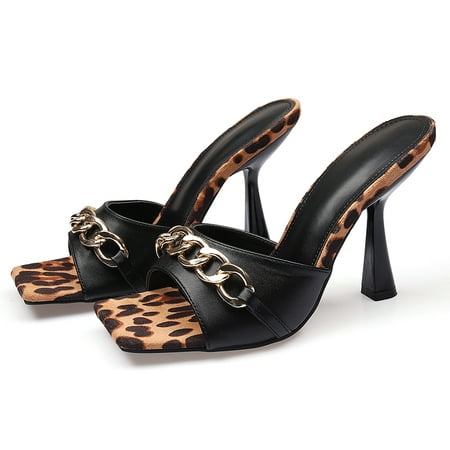 

IELGY fashion temperament color matching chain high-heeled sandals stiletto open-toed square toe