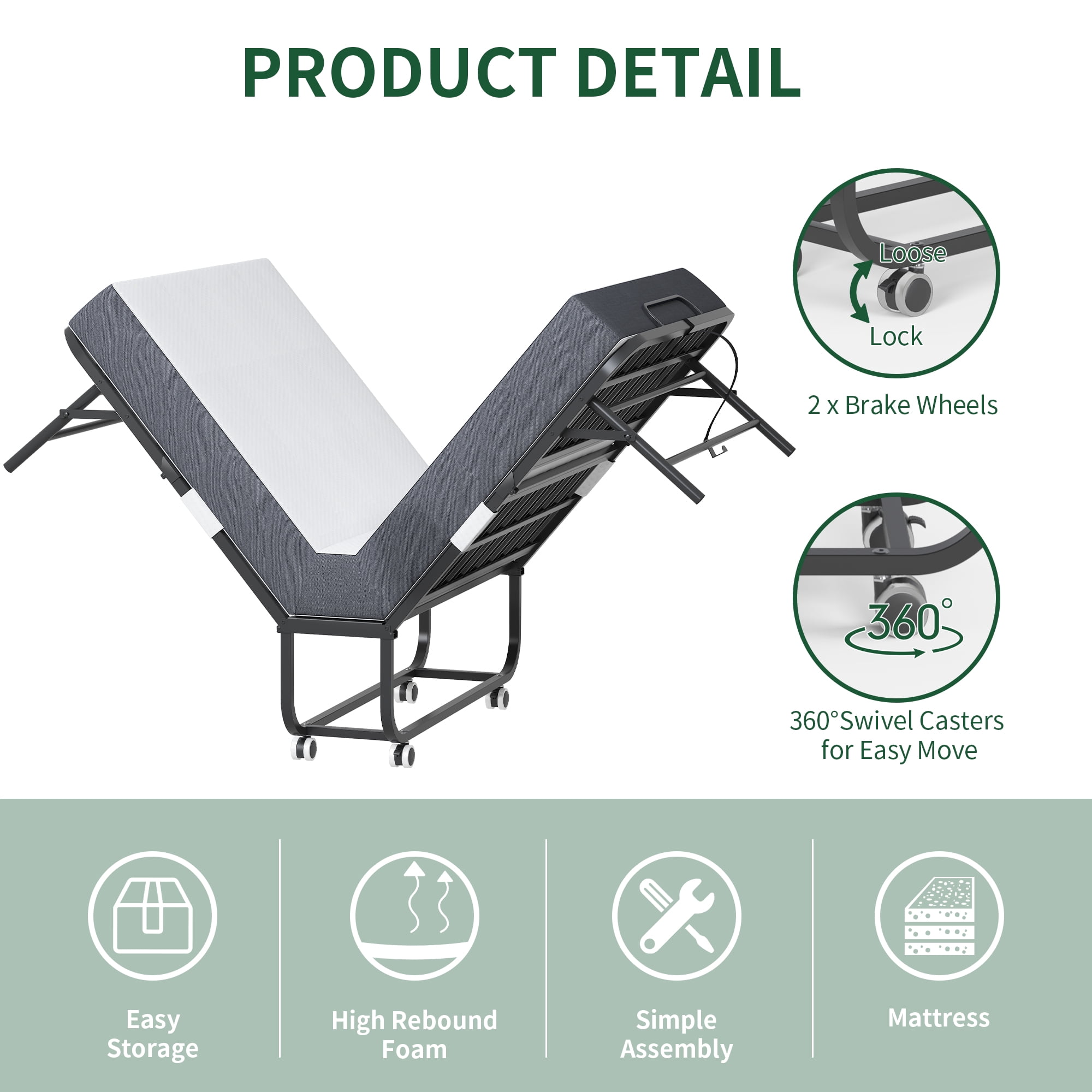 75" x 46"Folding Guest Bed with Mattress, Portable Large Rollaway Bed for Adults, Fold Up Bed for Adults, Hospital Bed, School Bed