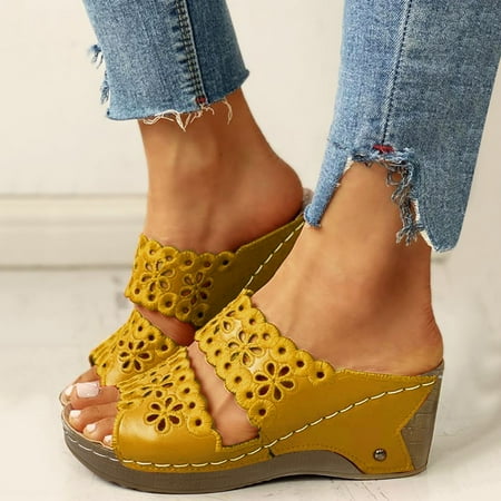 

ZHELIYO Women s sandals Ladies Fashion Solid Color Flower Embroidered Cutout Platform Wedge Roman Sandals Yellow 8