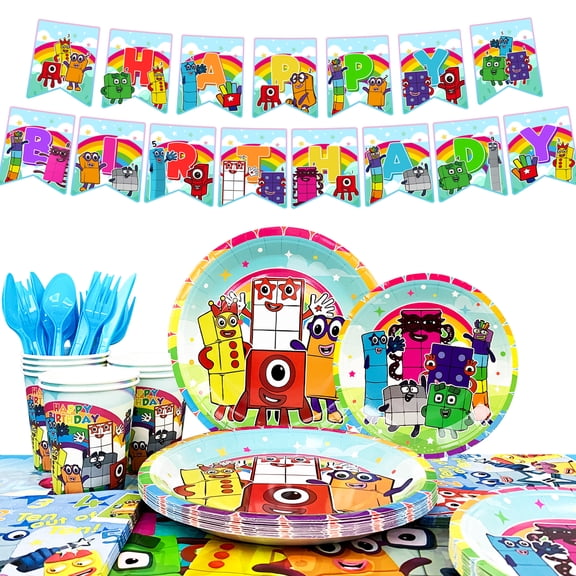 Number Blocks Party Tableware Set - Number Blocks Plates and Napkins Tablecloth & Happy Birthday Banner etc Number Blocks Themed Tableware for Number Blocks Party Decorations
