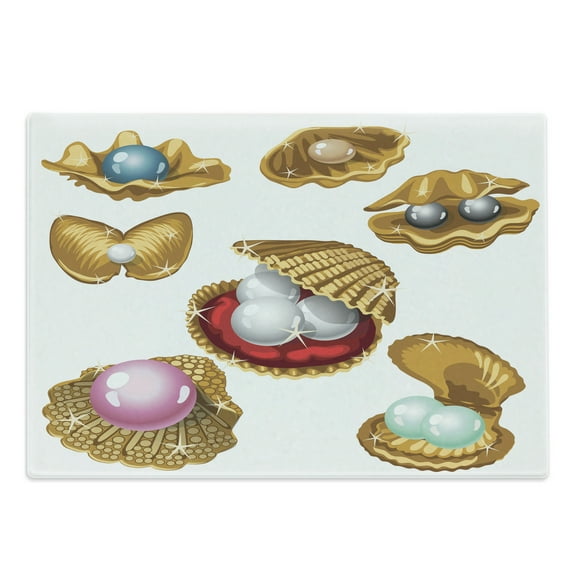 Pearls Cutting Board, Open Shells Different Type of Shapes Wealth Gemstone of the Sea Print, Decorative Tempered Glass Cutting and Serving Board, Large Size, Multicolor, by Ambesonne