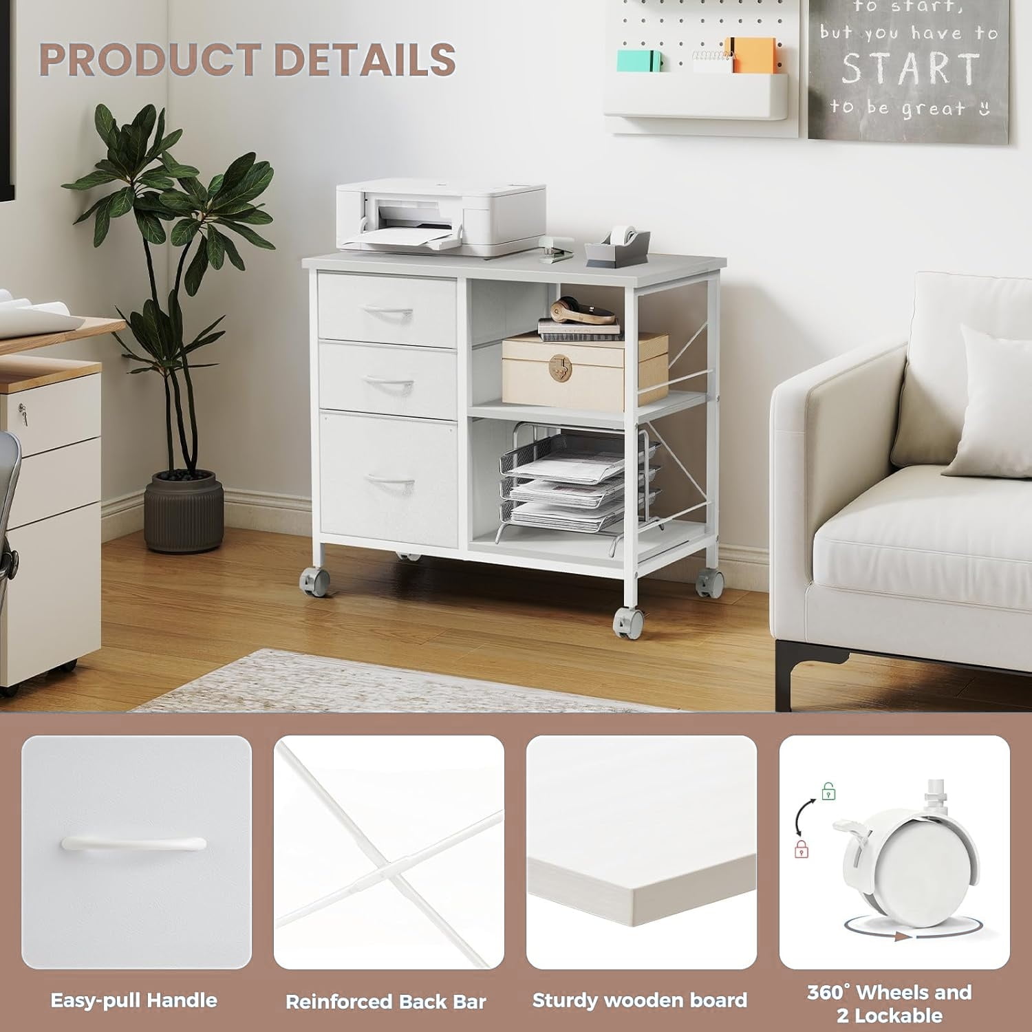 3-Tier Mobile File Cabinet, Rolling Printer Stand with Storage and Back Support Bar, 3 Drawer Lateral File Cabinet Holds 110lbs, for Home Office in Rustic White